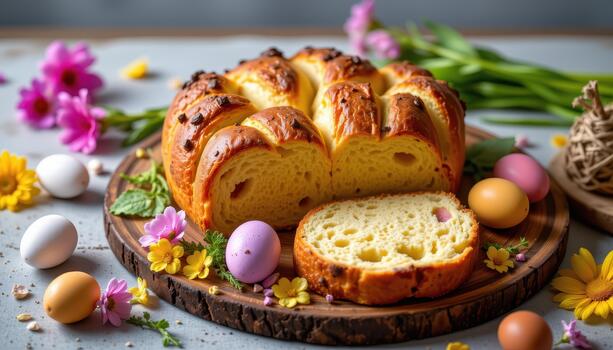 Easter bread on wooden board with multicolored blooms and eggs. photo