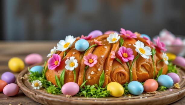 Easter bread decorated with spring flowers and arranged multicolored eggs. photo