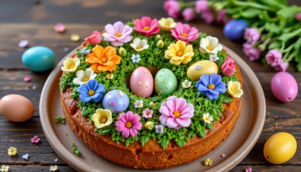 Round Easter bread decorated with multicolored spring flowers and eggs. photo