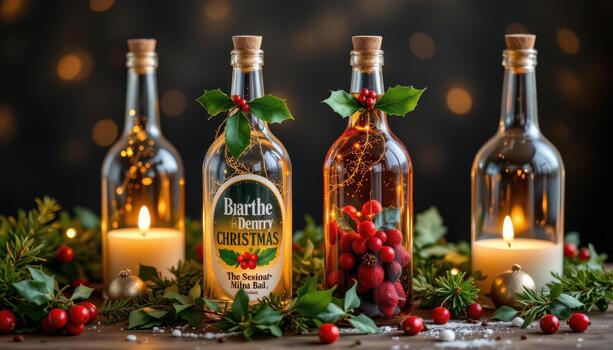 Festive bottles with holly, greenery, and soft candlelight. photo