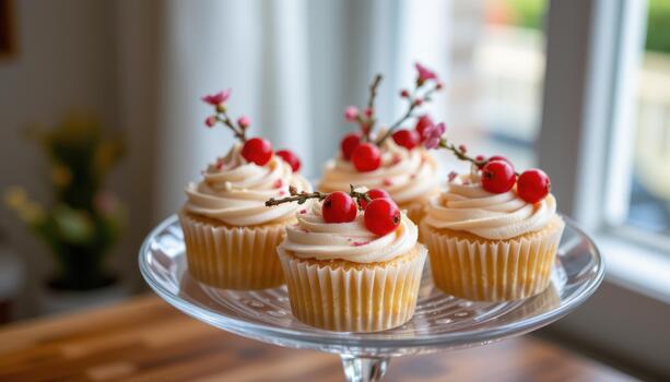 Cupcakes adorned with red currants and tiny blossoms on glass stand. photo