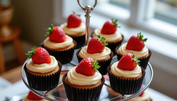 Cupcakes topped with strawberries and small blossoms on multi level stand. photo