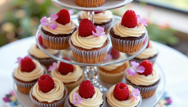 Tiered display of cupcakes topped with raspberries and edible blossoms. photo