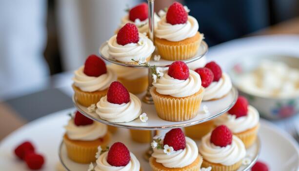 Tiered display of cupcakes with raspberries and small white blossoms. photo