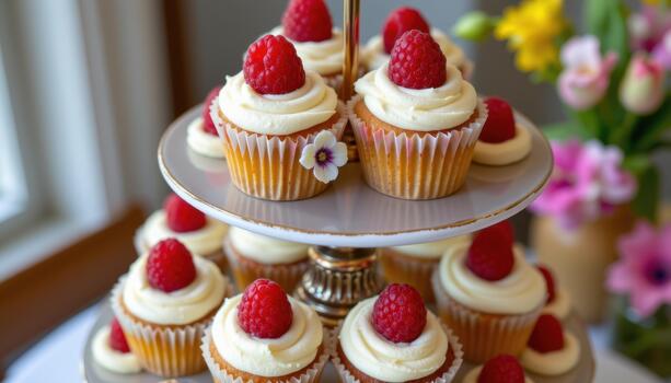Tiered display of cupcakes with raspberries and small edible flowers. photo