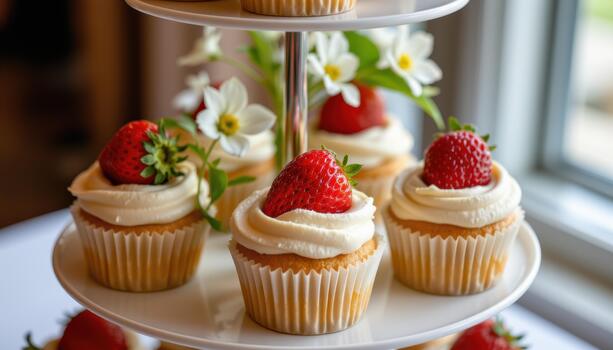 Cupcakes topped with strawberries and white blooms on multi level stand. photo