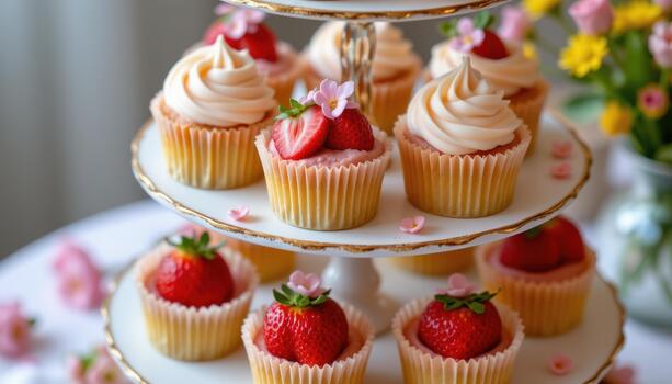 Cupcakes decorated with strawberries and tiny pastel flowers on multi level stand. photo