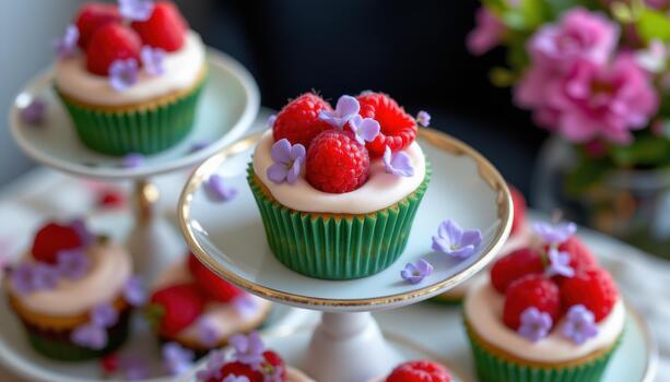 Tiered display of cupcakes with raspberries and tiny violet blooms. photo