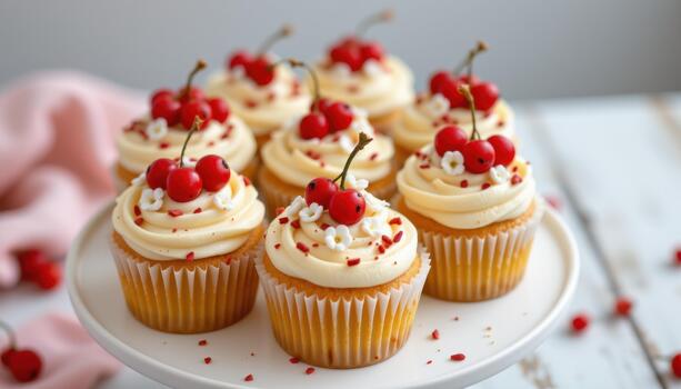 Cupcakes decorated with red currants and tiny blossoms on white stand. photo