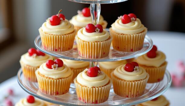 Cupcakes with red currants and tiny flowers on a glass multi tiered stand. photo