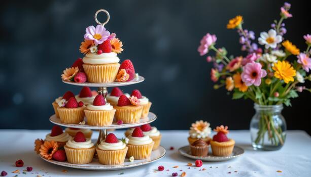 Tiered cupcake display with raspberries and edible flowers. photo