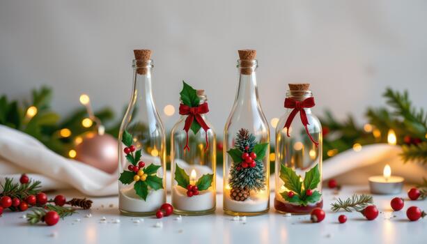 Festive bottles with holly, greenery, and tiny flickering candles. photo