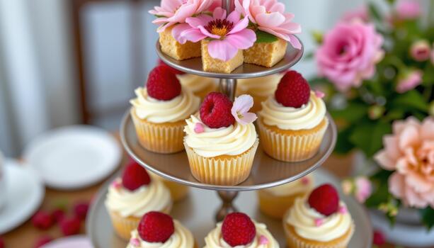 Tiered display of cupcakes adorned with raspberries and delicate blooms. photo
