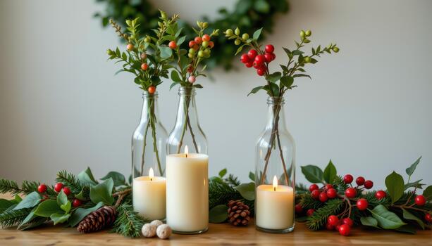 Bottles with seasonal greenery, berries, and small lit candles on table. photo