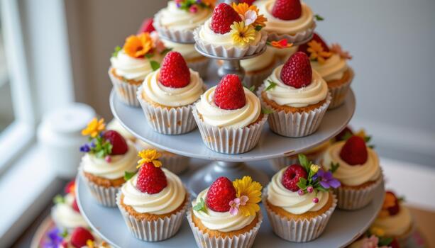 Tiered display of cupcakes adorned with raspberries and edible flowers. photo