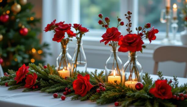Festive bottles with red flowers, greenery, and candlelight on table. photo