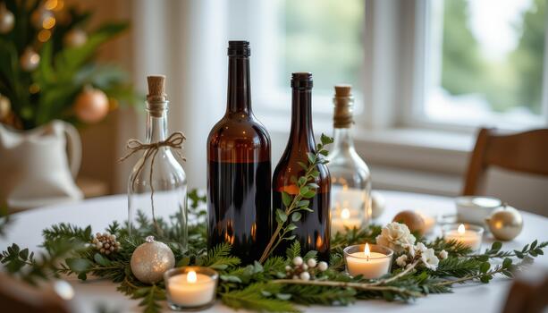 Table display of festive bottles with greenery and tea light candles. photo