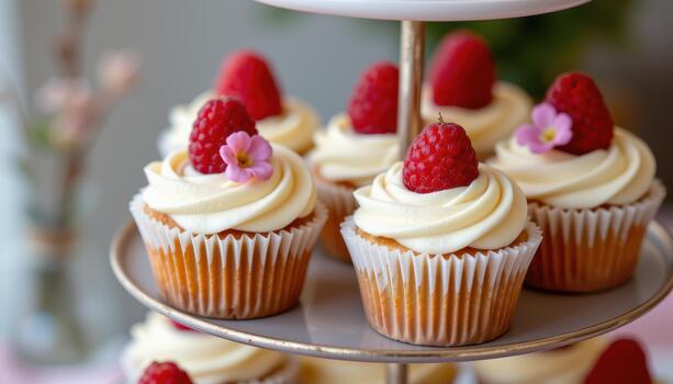 Multi tiered stand displaying cupcakes topped with raspberries and small flowers. photo