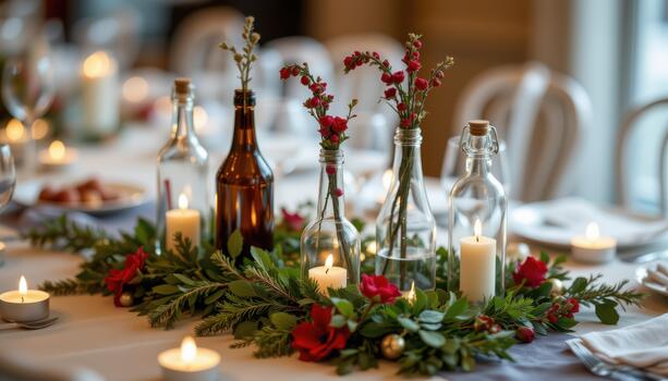 Bottles decorated with greenery, red blooms, and soft flickering candles on table. photo