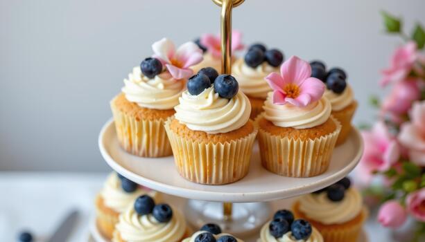 Cupcakes topped with blueberries and pastel flowers on a multi level stand. photo