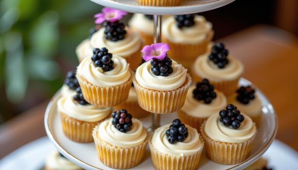 Tiered stand filled with cupcakes adorned with blackberries and blossoms. photo