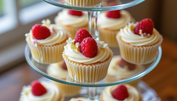 Cupcakes with raspberries and tiny flowers on glass multi tiered stand. photo