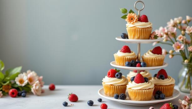 Multi level cupcake stand displaying cupcakes with mixed berries and flowers. photo