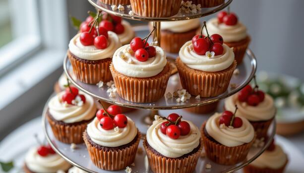 Tiered display of cupcakes adorned with red currants and delicate blossoms. photo