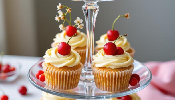 Cupcakes with red currants and small blossoms on multi level glass stand. photo