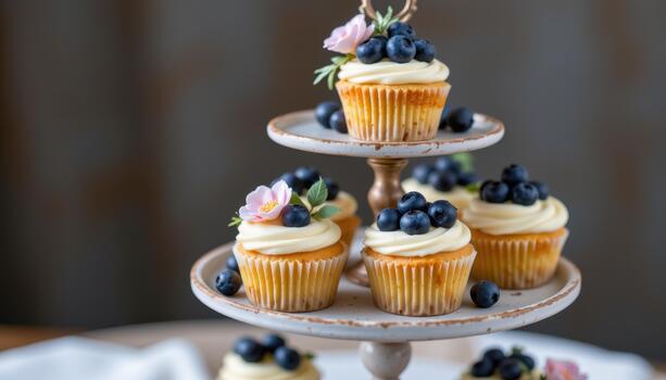 Cupcakes with blueberries and pastel flowers on multi level stand. photo