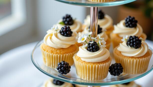 Cupcakes with blackberries and tiny flowers on glass multi level stand. photo