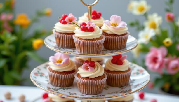 Cupcakes with red currants and pastel flowers on multi tiered tray. photo