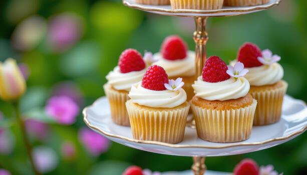Cupcakes adorned with raspberries and delicate blossoms on multi tiered tray. photo