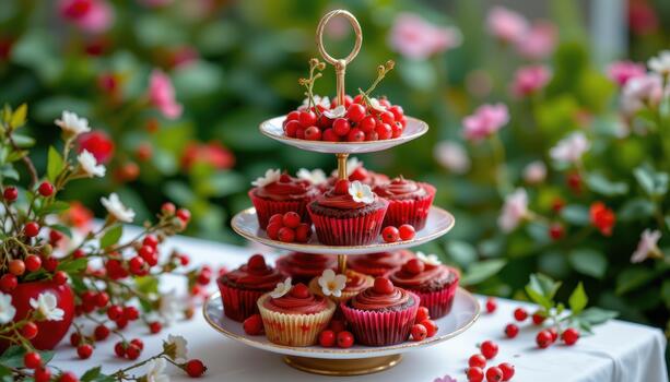 Multi tiered cupcake stand filled with red currants and tiny flowers. photo
