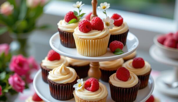 Tiered display of cupcakes with raspberries and tiny flowers. photo