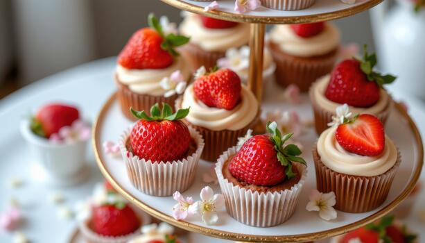 Multi level stand showcasing cupcakes with strawberries and delicate blossoms. photo