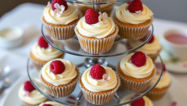 Tiered cupcake display with raspberries and tiny edible blossoms. photo
