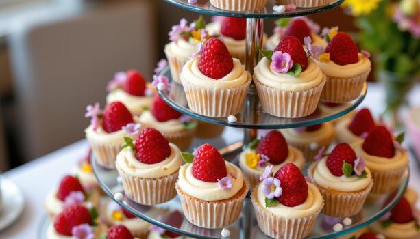 Tiered cupcake display filled with raspberries and small edible flowers. photo