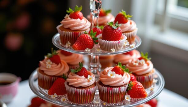 Multi tiered stand of cupcakes with strawberries and tiny blossoms. photo