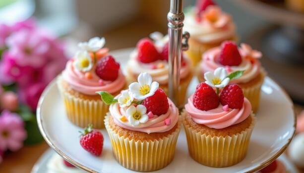 Cupcakes adorned with raspberries and white blossoms on multi level tray. photo