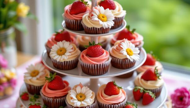 Multi tiered display of cupcakes decorated with strawberries and daisies. photo