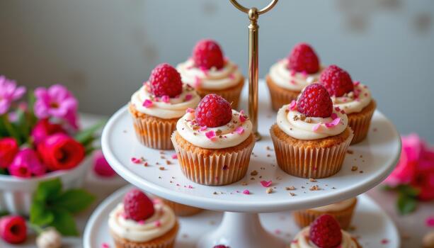 Multi level cupcake stand showcasing cupcakes with raspberries and edible flowers. photo