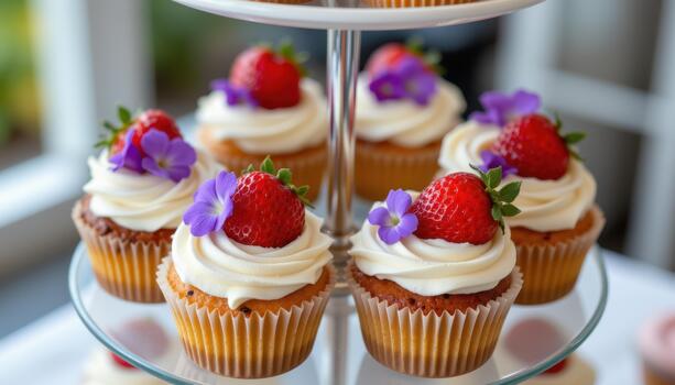 Cupcakes topped with strawberries and violet flowers on multi level stand. photo