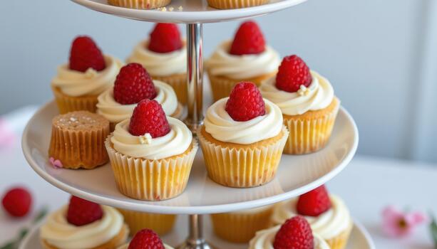 Tiered stand filled with cupcakes adorned with raspberries and tiny blossoms. photo
