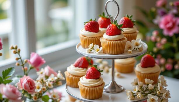 Cupcakes with strawberries and white blossoms on multi level stand. photo
