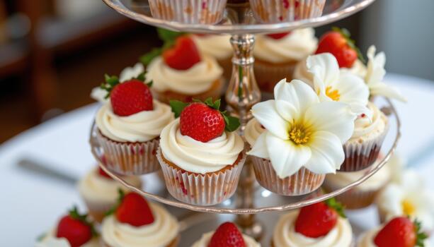 Cupcakes with strawberries and white flowers on multi level display. photo
