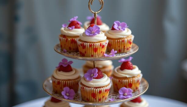 Cupcakes decorated with strawberries and violet flowers on multi level stand. photo