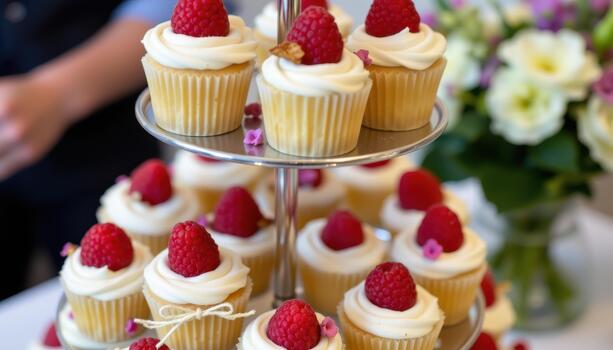 Tiered display of cupcakes with raspberries and small edible blooms. photo