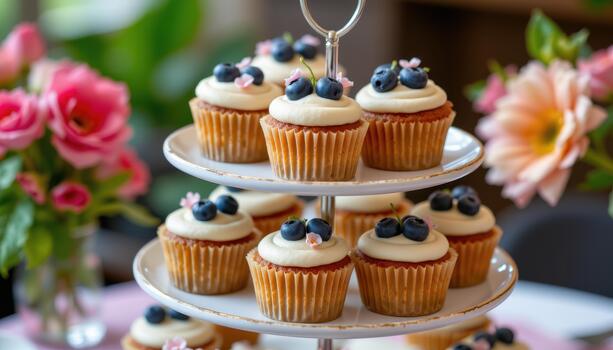 Multi tiered stand showcasing cupcakes with blueberries and tiny blossoms. photo