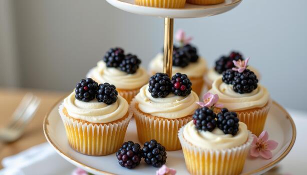 Cupcakes with blackberries and tiny pastel blossoms on tiered tray. photo
